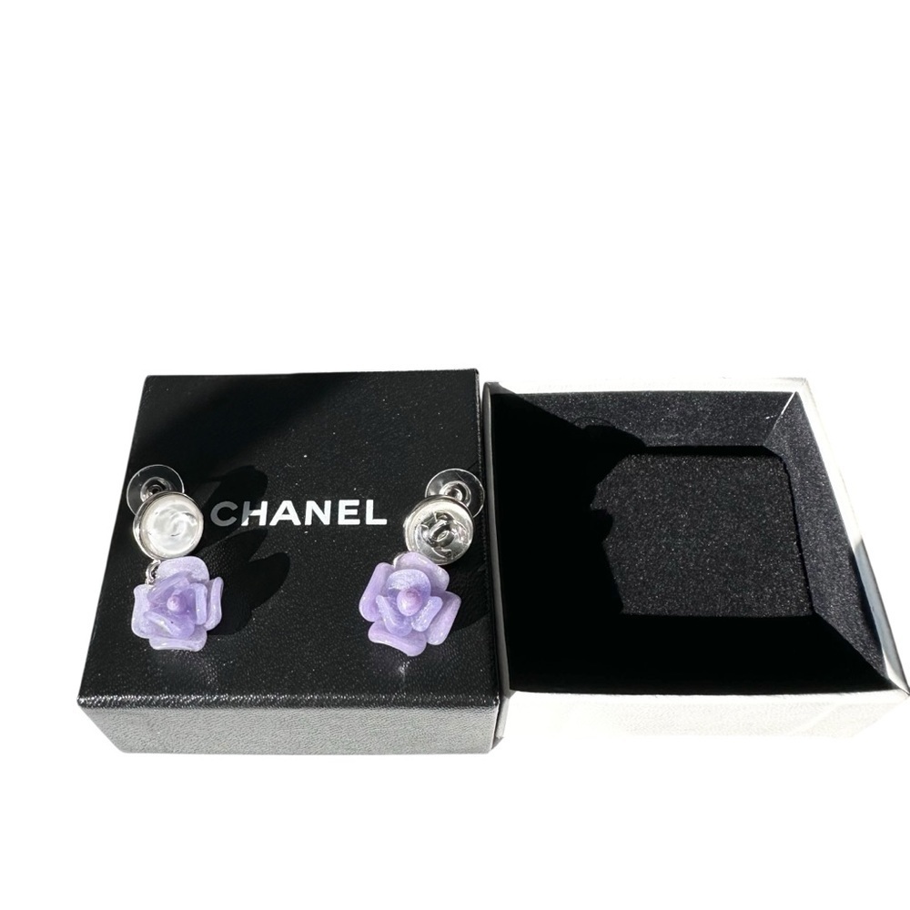 Chanel Purple Camellia Flower Silver Studded Earring Set with Box - Picture 11 of 15
